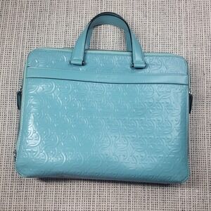 Salvatore Ferragamo Gancini Laptop Bag Womens Large Turquoise Leather‎ Embossed